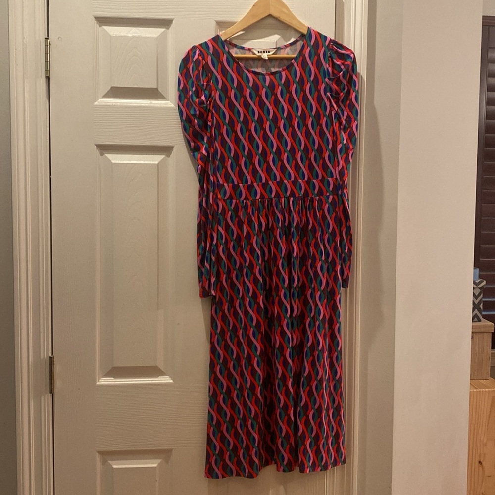 Boden boden blouson dress pink trellis Puff Sleeve Jersey Midi Dress 2R